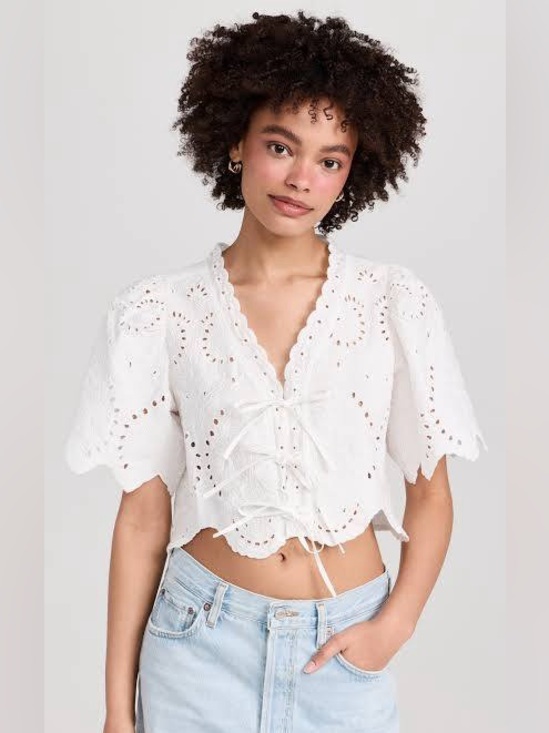 Moon River Tops - Moon River Puff Sleeve
Eyelet Top With Front Ties size S
